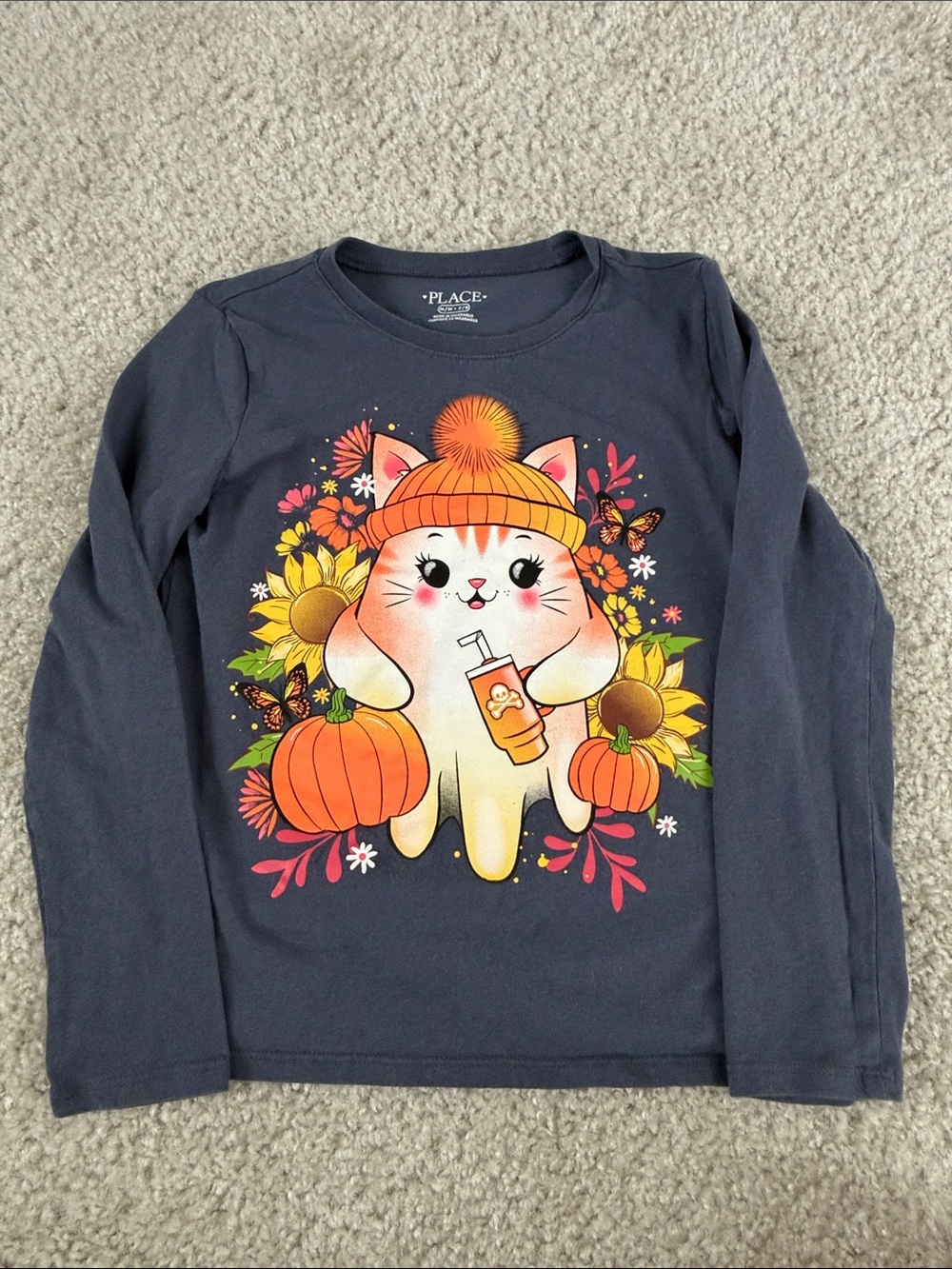 The Children's Place Navy Long Sleeve Tee with Fall Cat Graphic